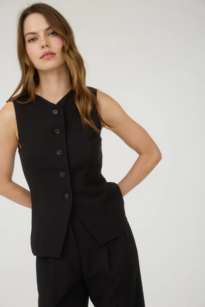 Split Front Button Down Long Vest in Black