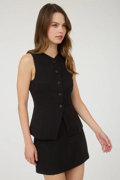 Split Front Button Down Long Vest in Black