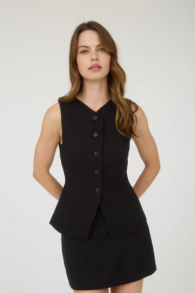 Split Front Button Down Long Vest in Black