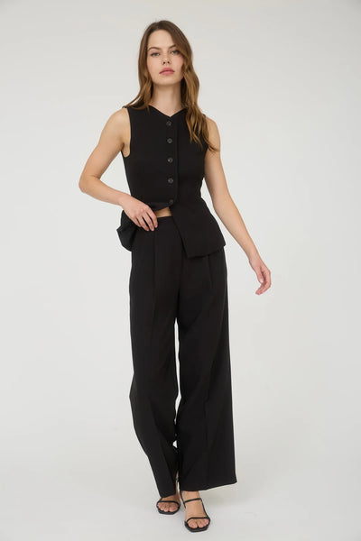 Split Front Button Down Long Vest in Black