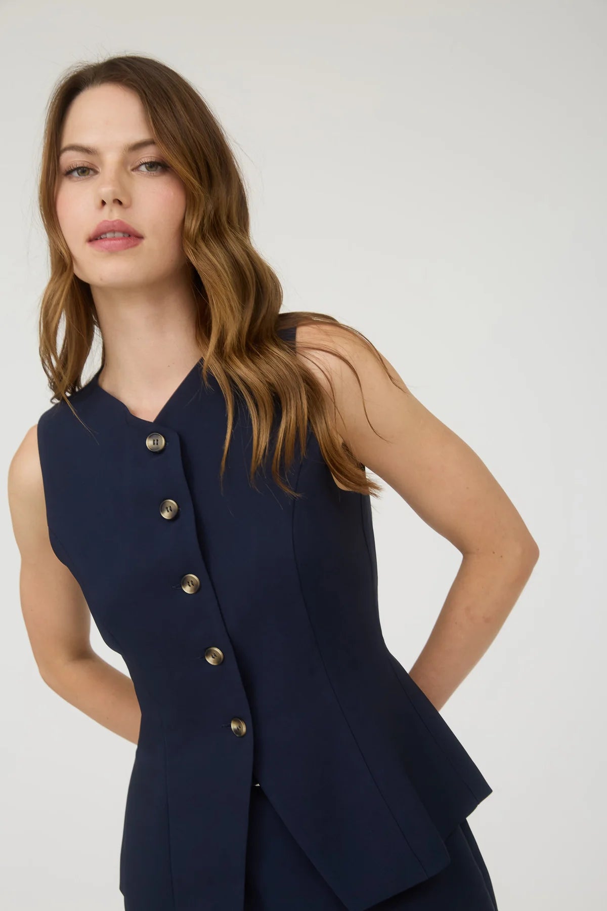 Split Front Button Down Long Vest in Navy