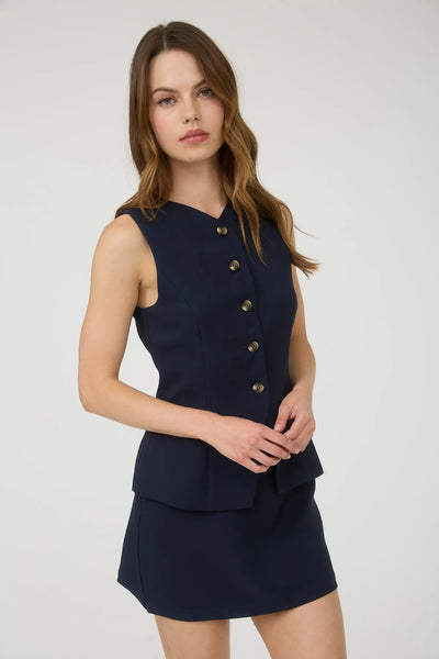 Split Front Button Down Long Vest in Navy