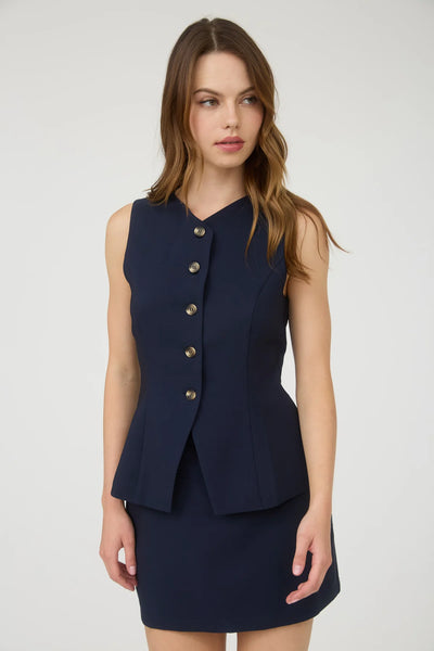 Split Front Button Down Long Vest in Navy
