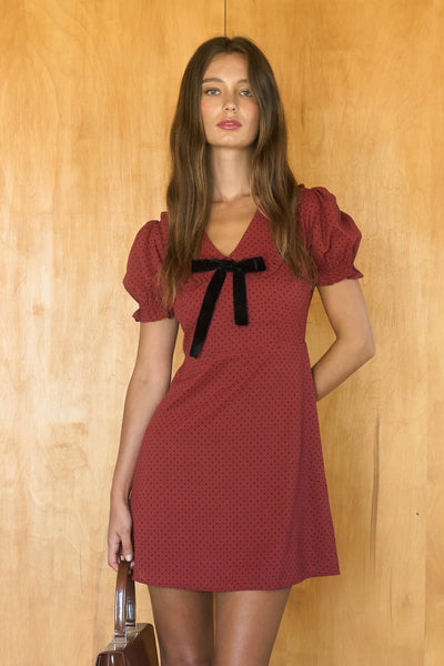 Polka Dot Velvet Tie Mini Dress in Dark Red Combo