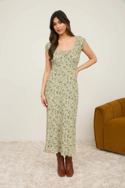 Floral Scoop Neck Midi Dress in Olive