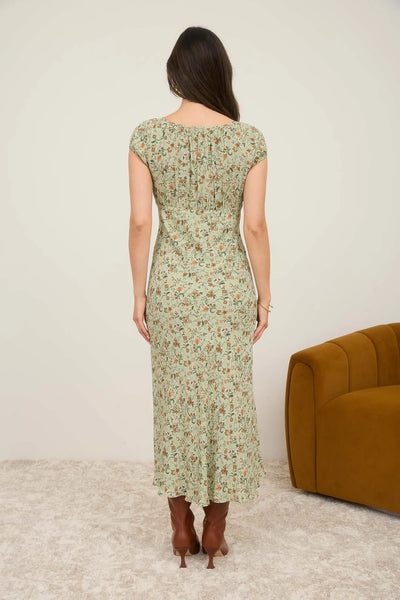 Floral Scoop Neck Midi Dress in Olive