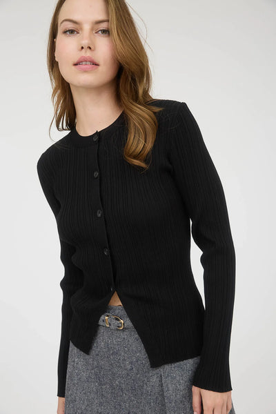 Stripe Knit Split Hem Cardigan in Black