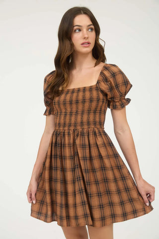 Plaid Smocked Top Dress in Brown Combo