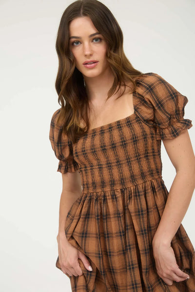 Plaid Smocked Top Dress in Brown Combo