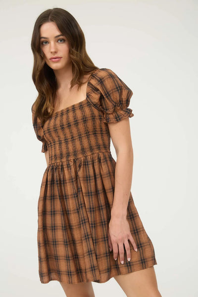Plaid Smocked Top Dress in Brown Combo