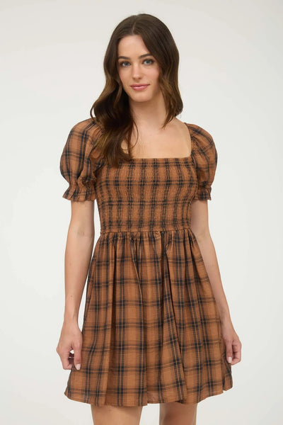 Plaid Smocked Top Dress in Brown Combo