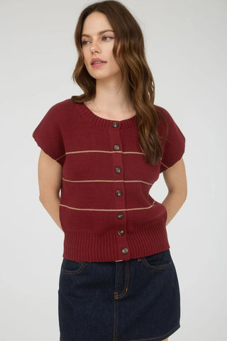 Stripe Short Sleeve Knit Cardigan in Burgundy