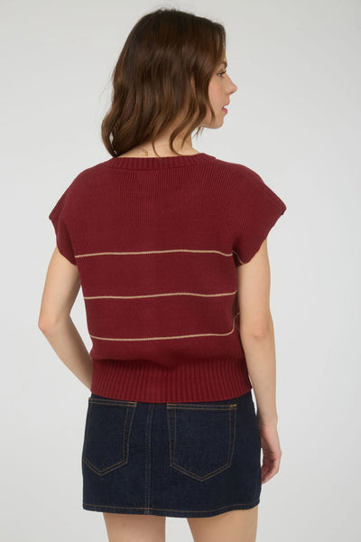 Stripe Short Sleeve Knit Cardigan in Burgundy