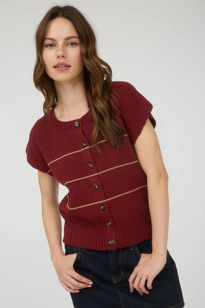 Stripe Short Sleeve Knit Cardigan in Burgundy