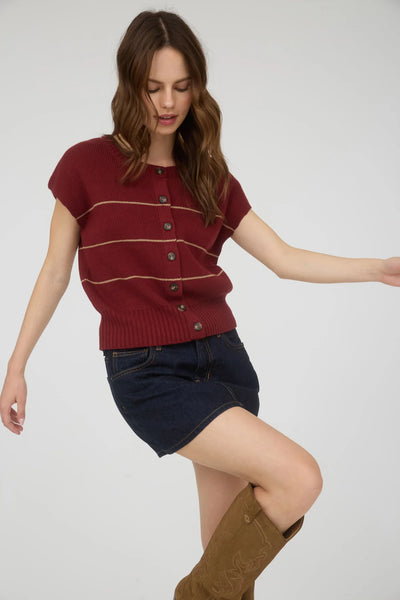 Stripe Short Sleeve Knit Cardigan in Burgundy