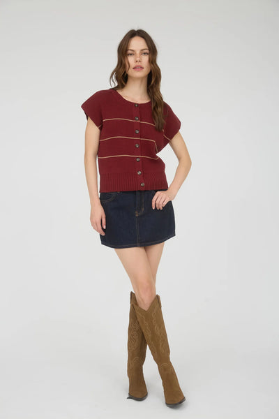 Stripe Short Sleeve Knit Cardigan in Burgundy