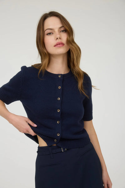 Short Sleeve Knit Cardigan in Navy