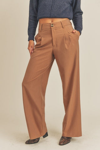 High Rise Pleated Wide Leg Pants in Caramel
