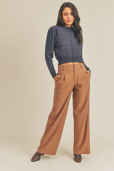 High Rise Pleated Wide Leg Pants in Caramel