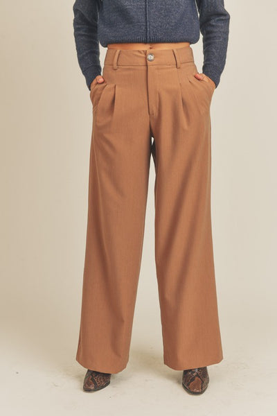 High Rise Pleated Wide Leg Pants in Caramel