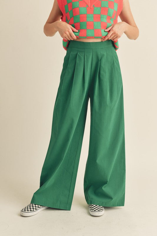 Pleated Extra Wide Leg Pants in Green