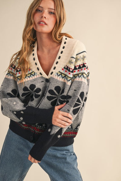 Multi Pattern Knit Cardigan in Black Combo
