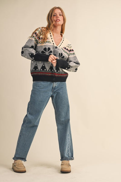 Multi Pattern Knit Cardigan in Black Combo