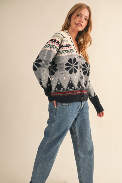 Multi Pattern Knit Cardigan in Black Combo