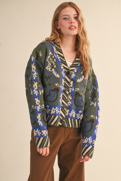 Paisley Knit Sweater Cardigan in Olive