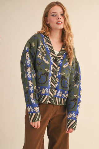 Paisley Knit Sweater Cardigan in Olive