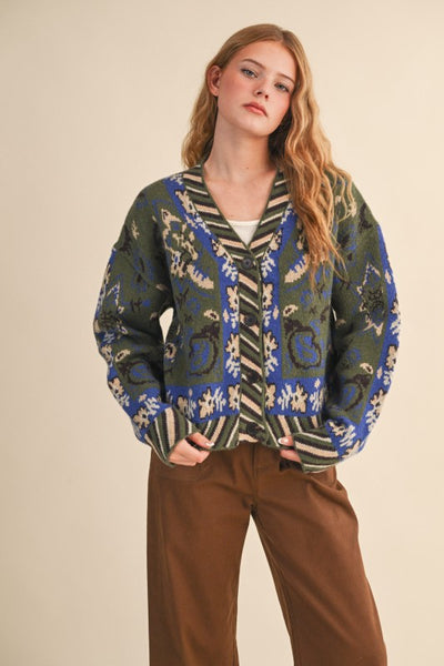 Paisley Knit Sweater Cardigan in Olive