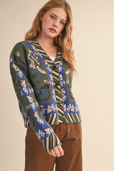 Paisley Knit Sweater Cardigan in Olive