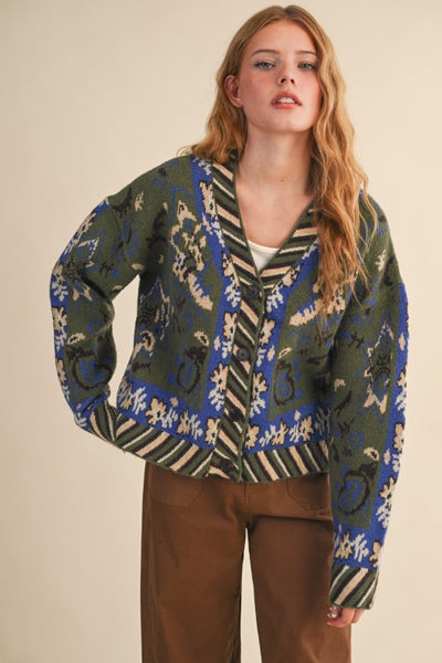 Paisley Knit Sweater Cardigan in Olive