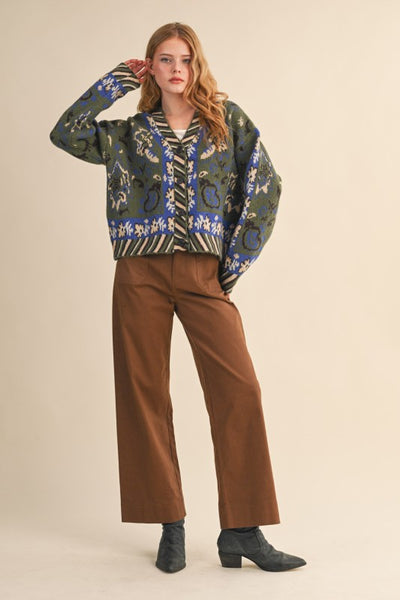 Paisley Knit Sweater Cardigan in Olive