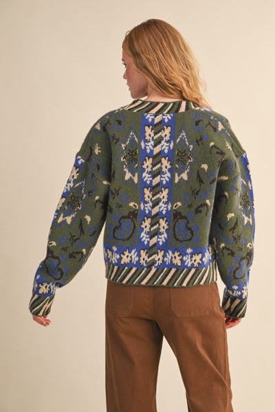 Paisley Knit Sweater Cardigan in Olive