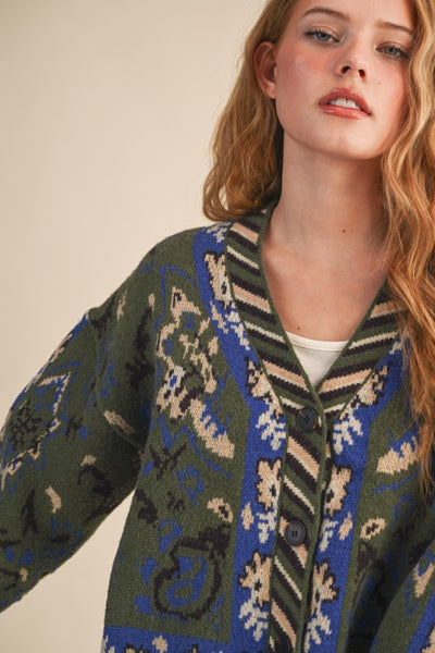 Paisley Knit Sweater Cardigan in Olive