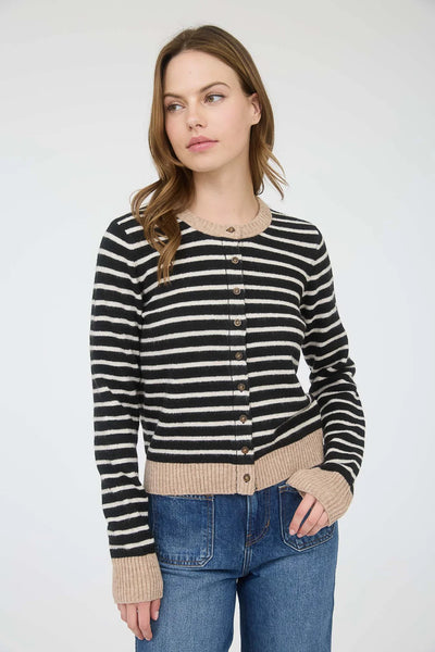 Stripe Colourblock Trim Cardigan in Black