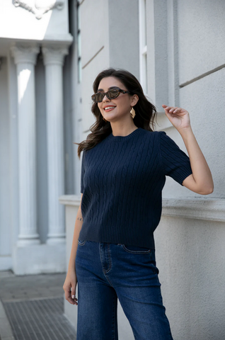 Short Sleeve Cable Knit Sweater in Navy