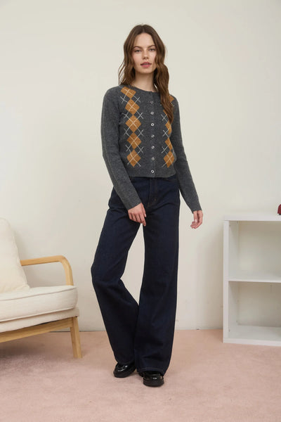 Argyle Pattern Cardigan in Charcoal