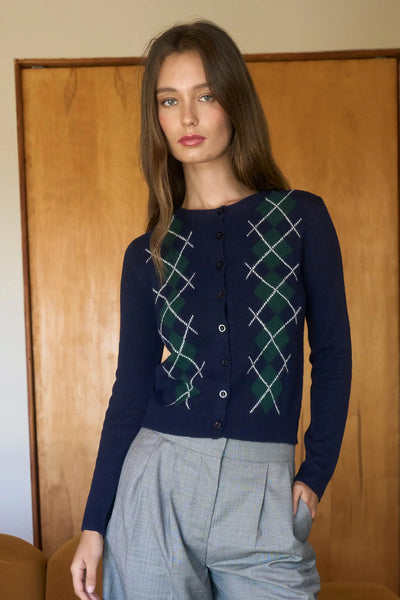 Argyle Pattern Cardigan in Navy